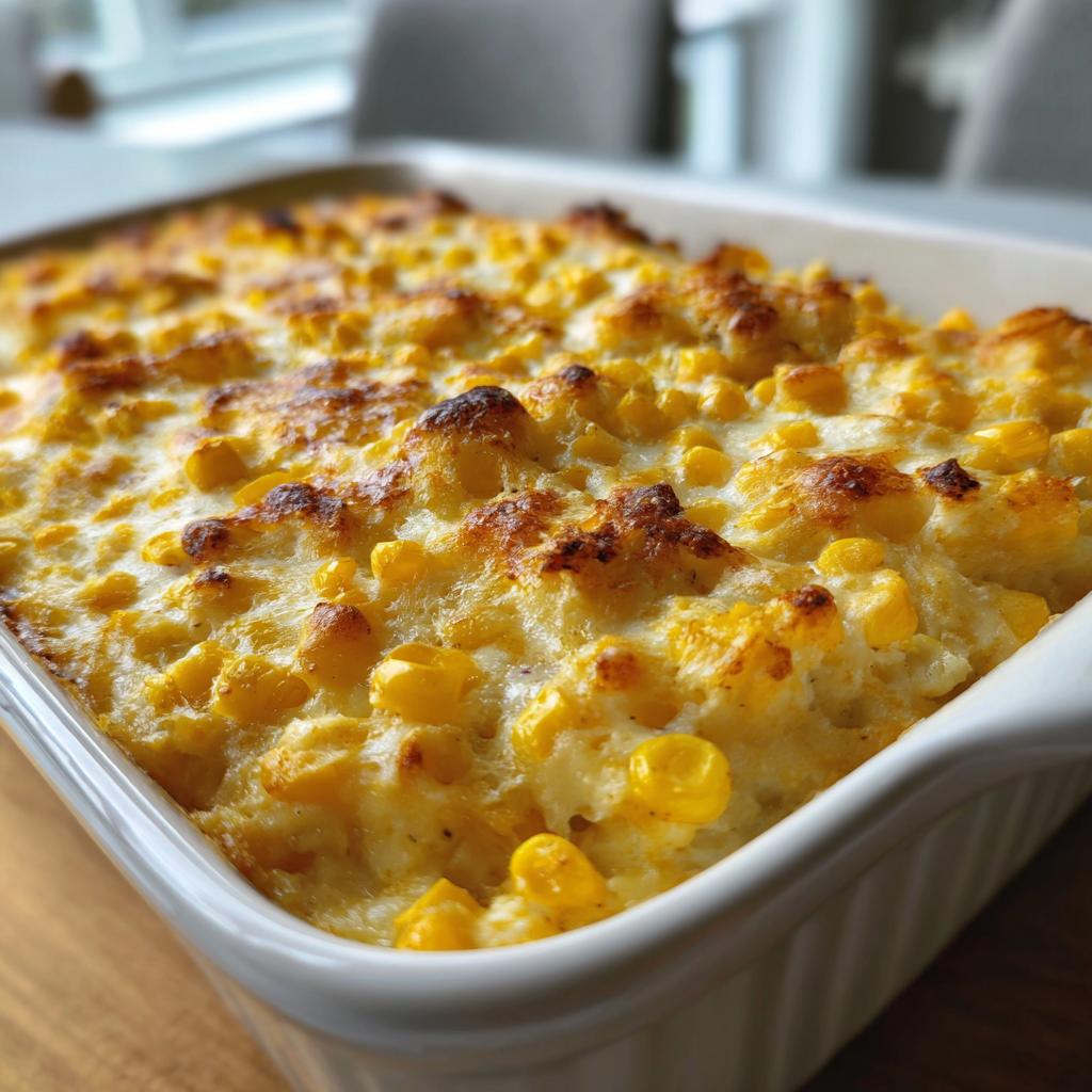 Close-up of a freshly baked corn pudding recipe in a white baking dish, golden brown and bubbly.
