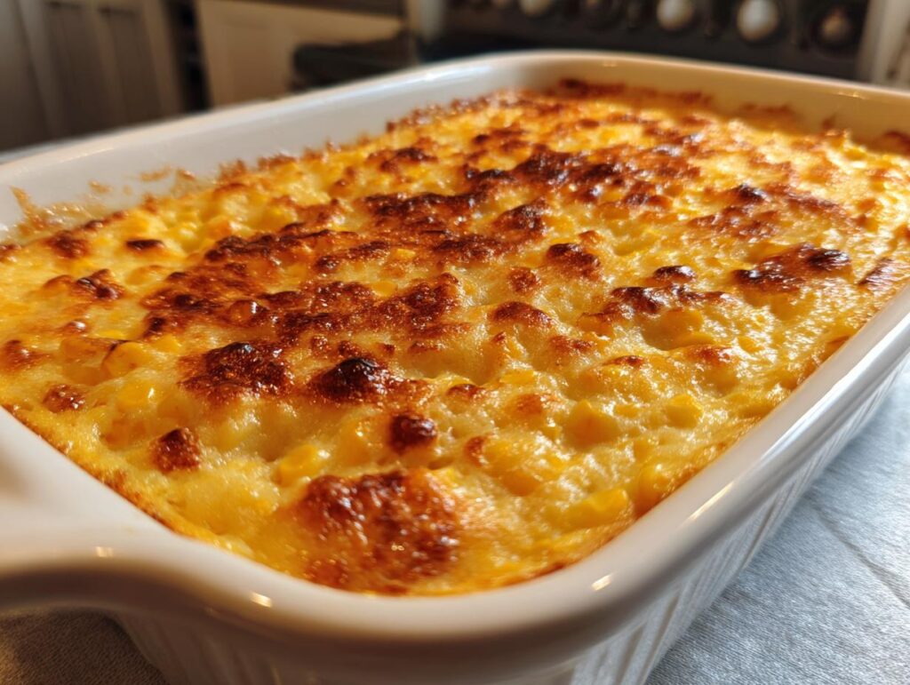 Close-up of a golden-brown baked corn pudding recipe in a white casserole dish.