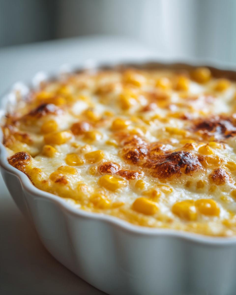 Close-up of a golden-brown baked corn pudding recipe in a white dish, with visible corn kernels and melted cheese.