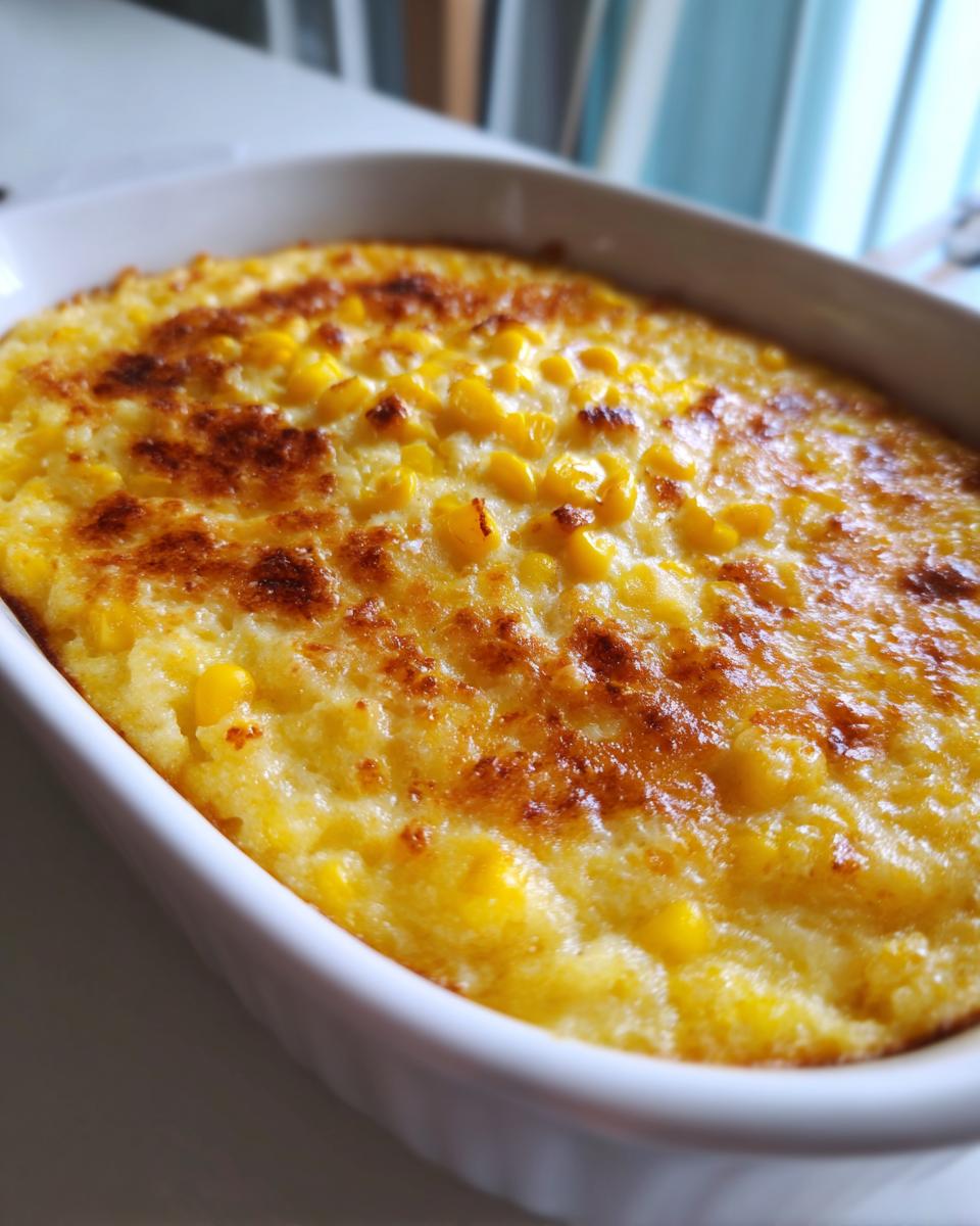 Close-up of a golden-brown, baked corn pudding recipe in a white dish, with visible corn kernels.