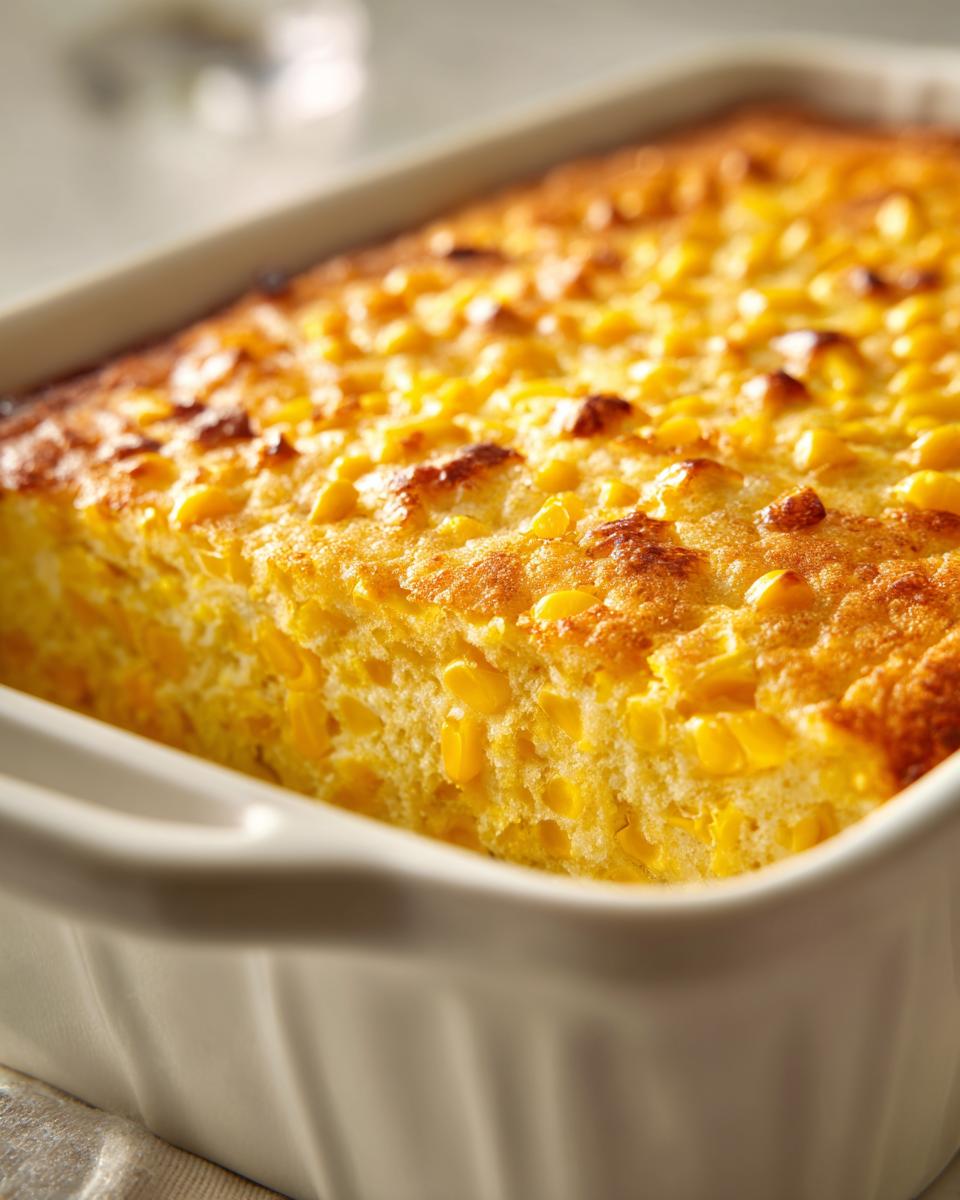 Close-up of a golden brown corn pudding recipe baked in a white ceramic dish, showcasing whole corn kernels.