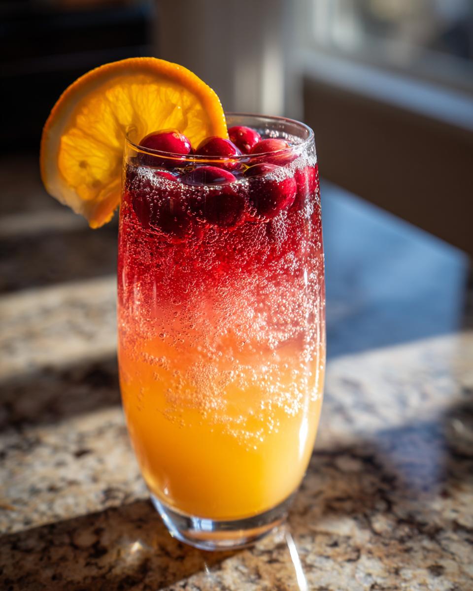 A festive cranberry orange mocktail with fresh cranberries and an orange slice, perfect for new years drinks.