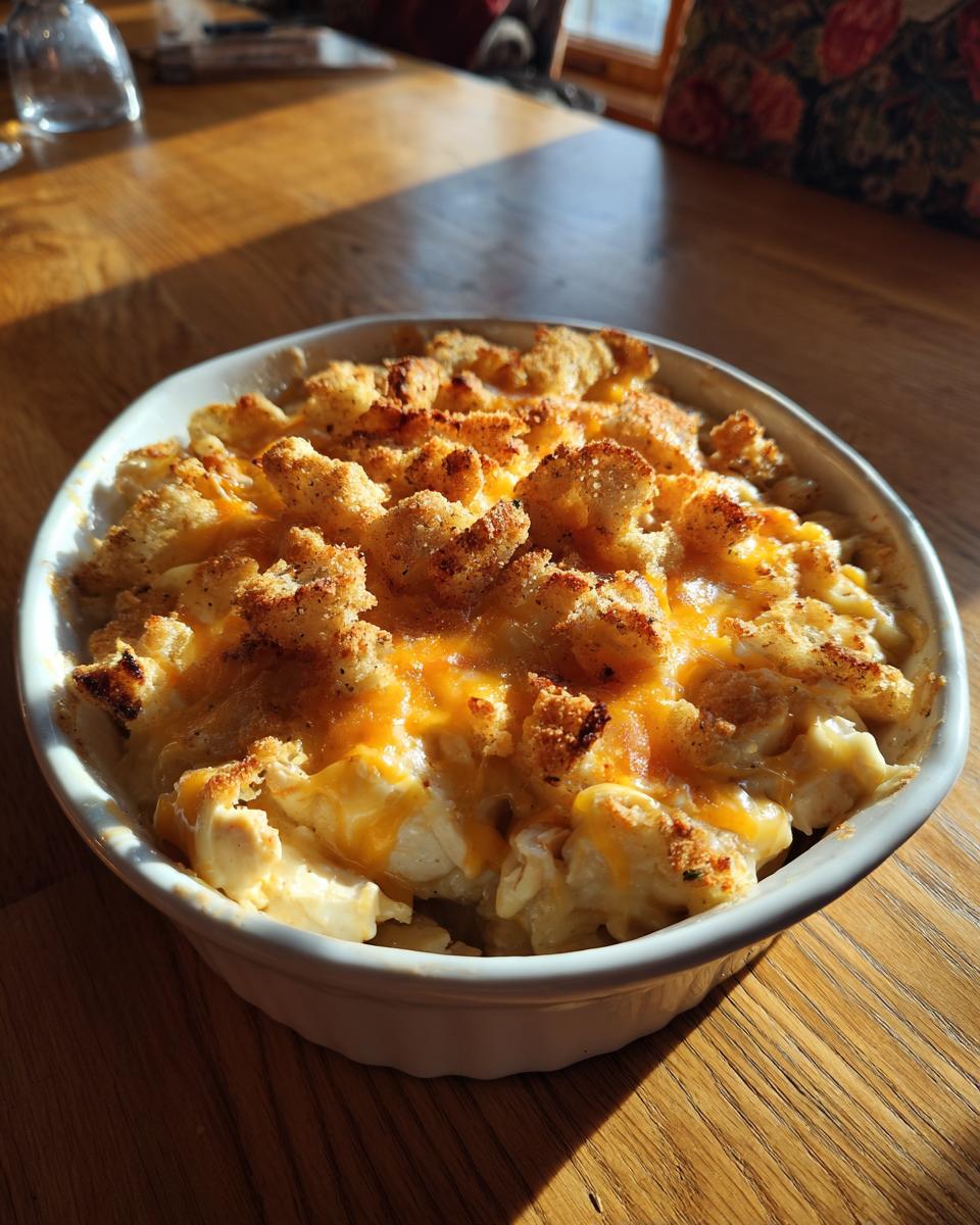 A close-up of a creamy chicken casserole in a white dish, topped with melted cheese and golden breadcrumbs.