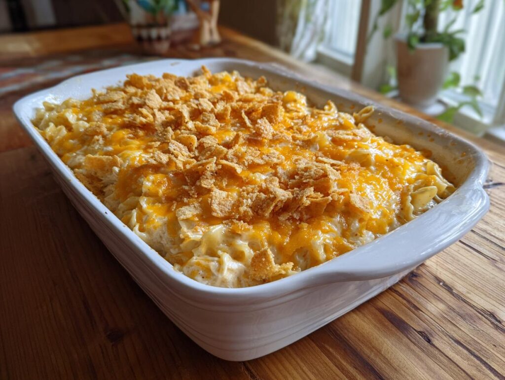 A freshly baked creamy chicken casserole in a white baking dish, topped with melted cheddar cheese and crunchy breadcrumbs.