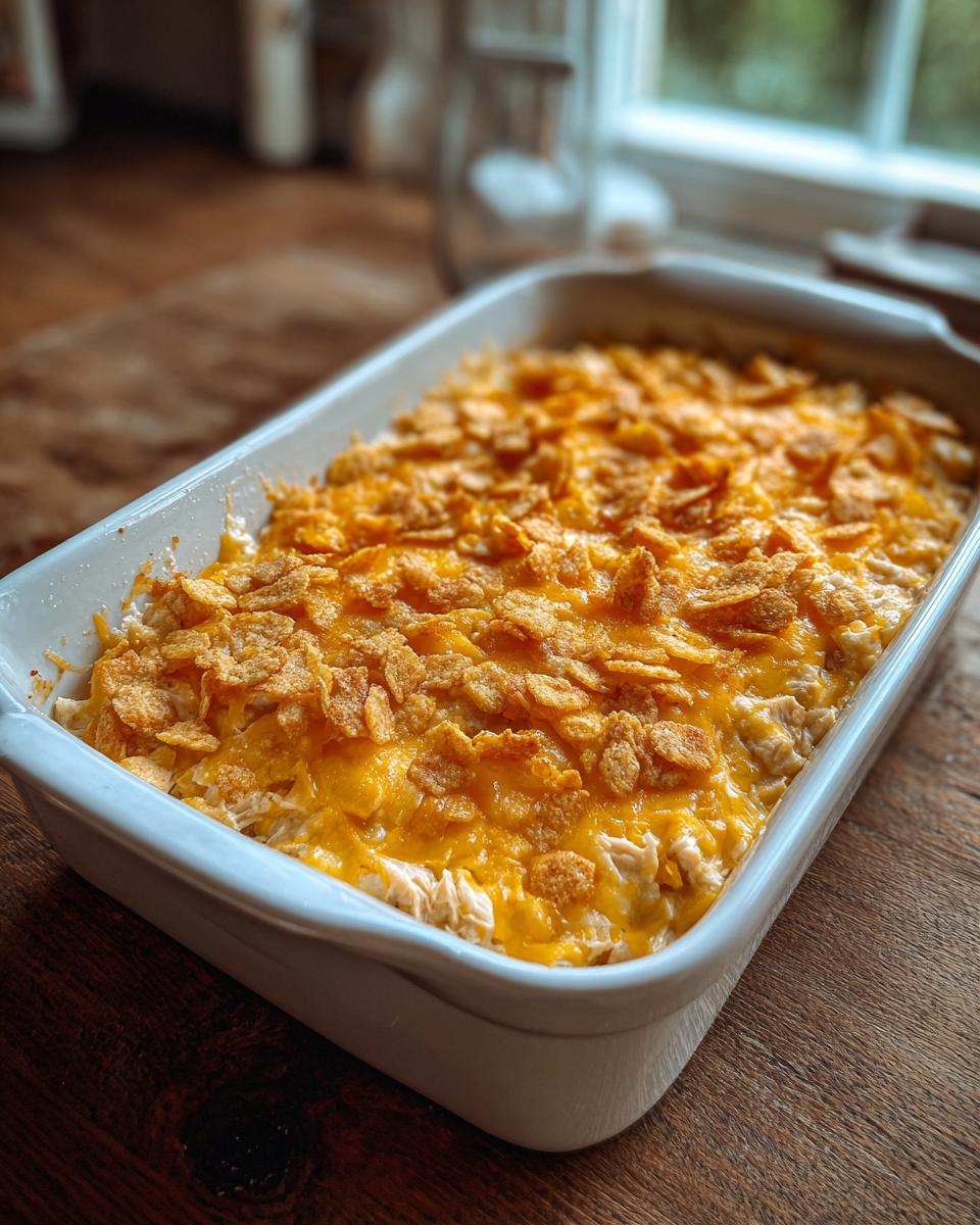 A freshly baked creamy chicken casserole with melted cheddar cheese and a crunchy cereal topping in a white baking dish.