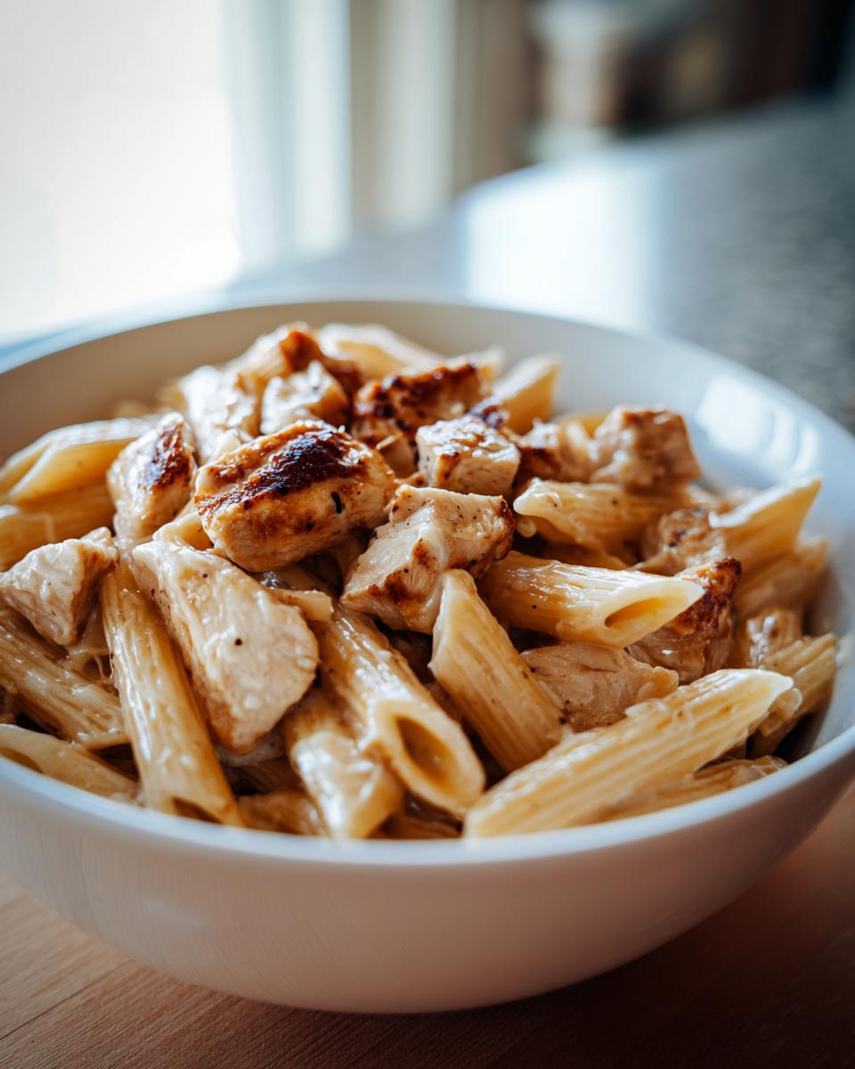 Bowl of creamy chicken pasta recipe with grilled chicken pieces and penne pasta.