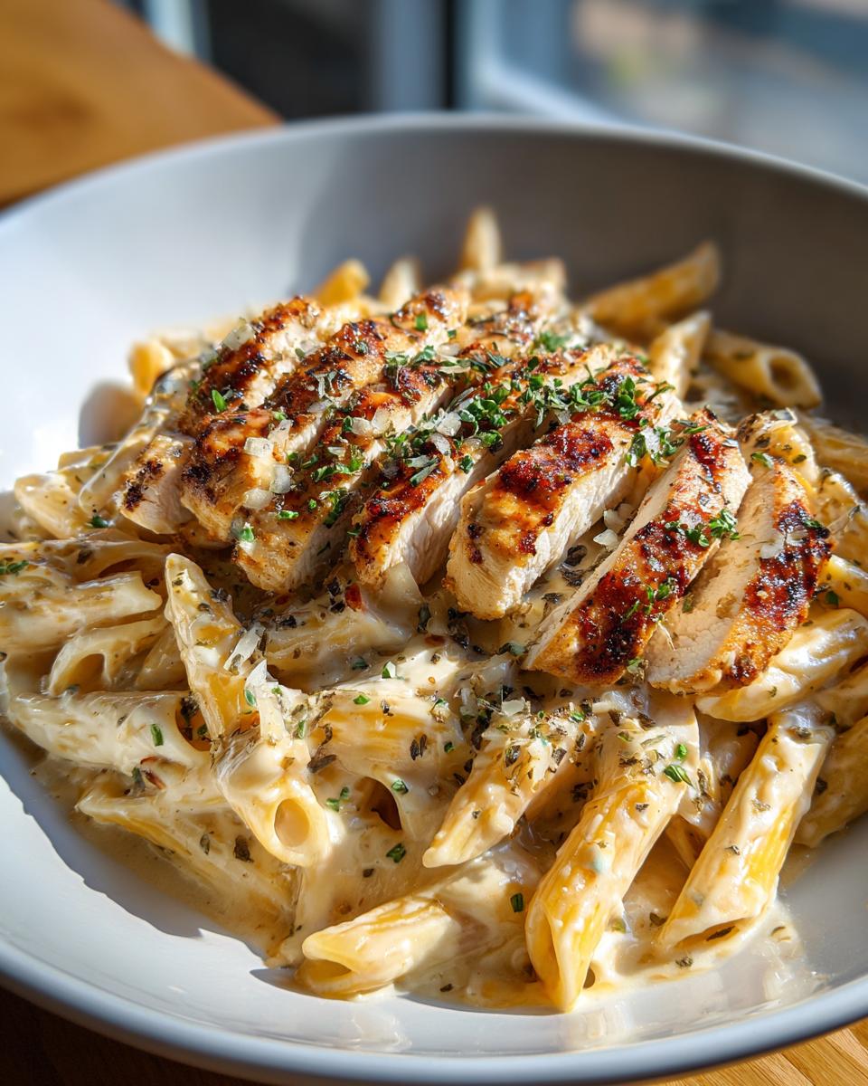 Close-up of creamy chicken pasta with penne noodles, topped with sliced grilled chicken and fresh herbs.