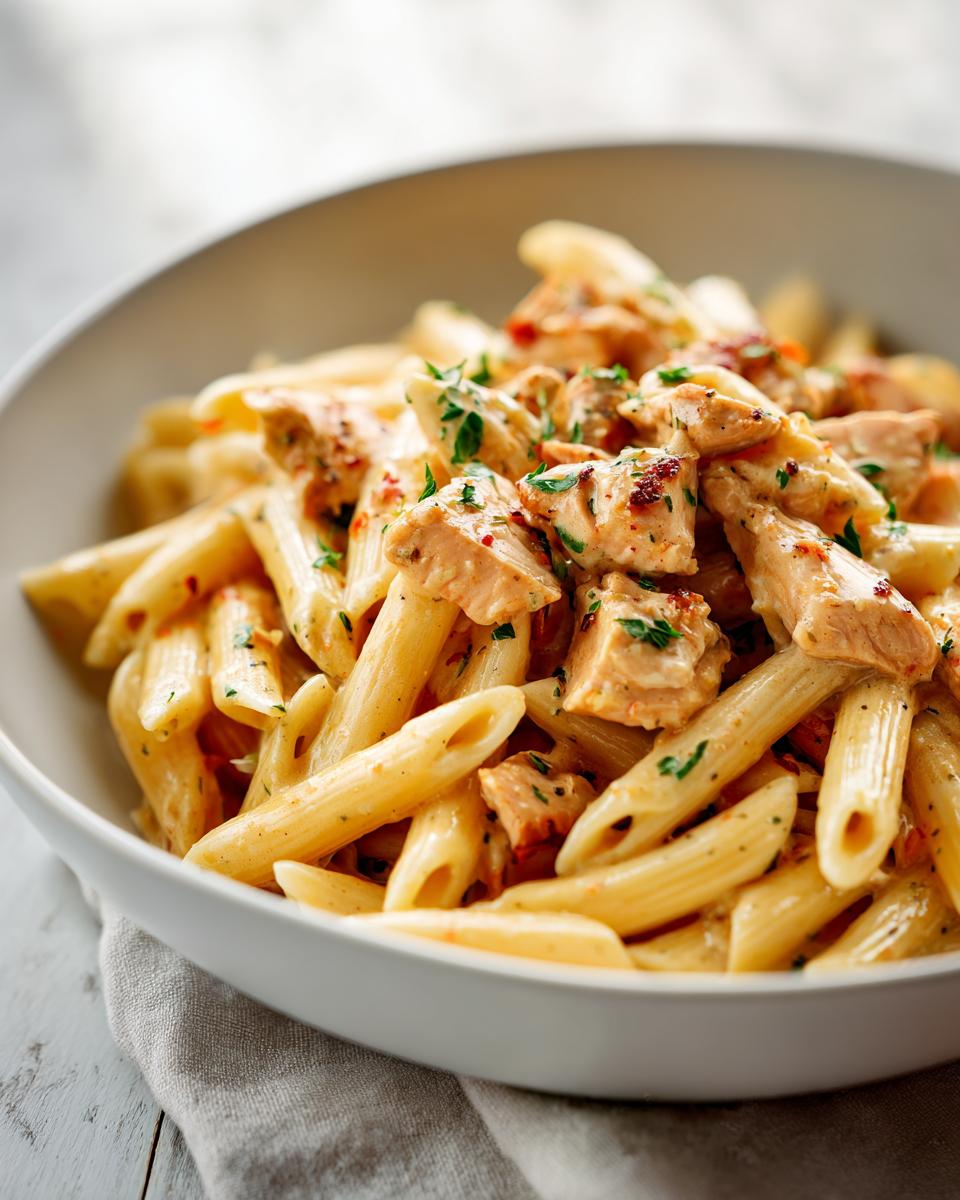 Close-up of creamy chicken pasta with penne and herbs in a white bowl