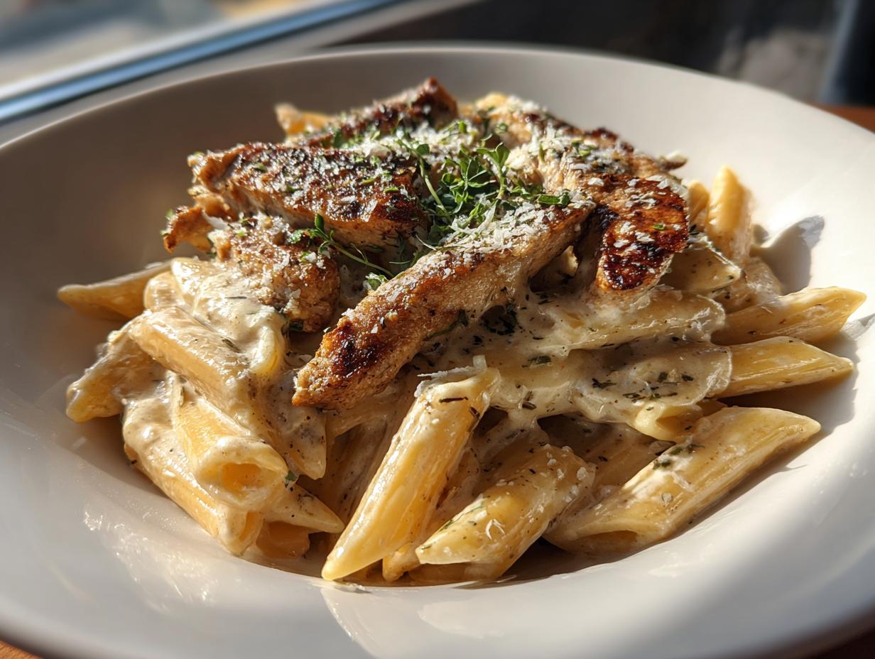 A close-up of creamy chicken pasta with penne noodles, topped with grilled chicken strips and grated Parmesan cheese.