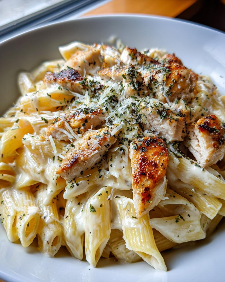 Close-up of creamy chicken pasta with penne noodles, topped with grilled chicken pieces and herbs.