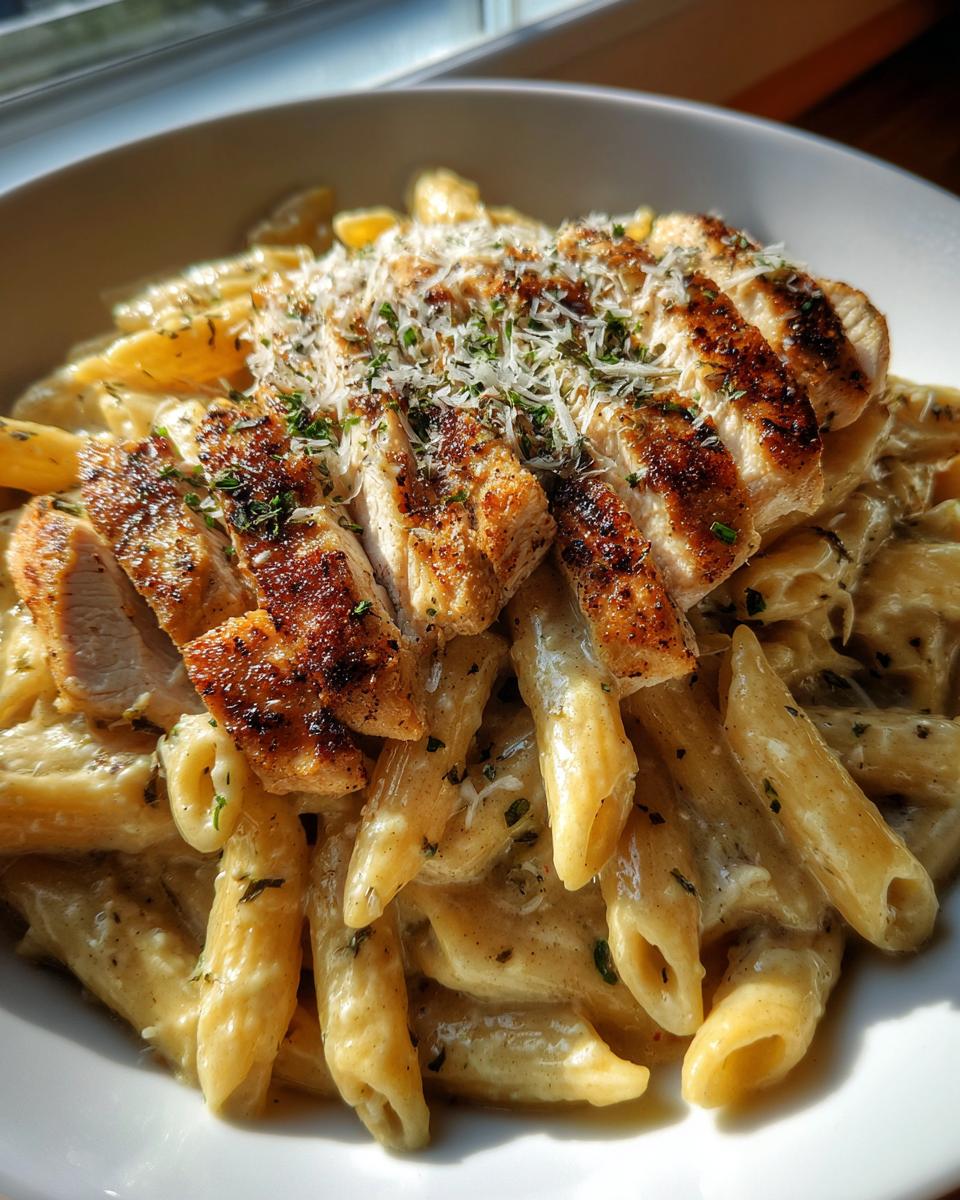 A bowl of creamy penne pasta topped with sliced grilled chicken breast, parmesan cheese, and fresh parsley. A delicious chicken pasta recipe.