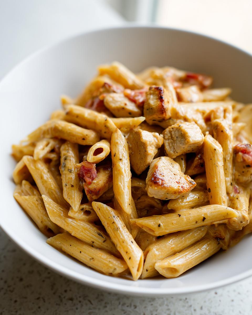 Close-up of creamy chicken pasta recipe with penne and grilled chicken pieces in a white bowl.
