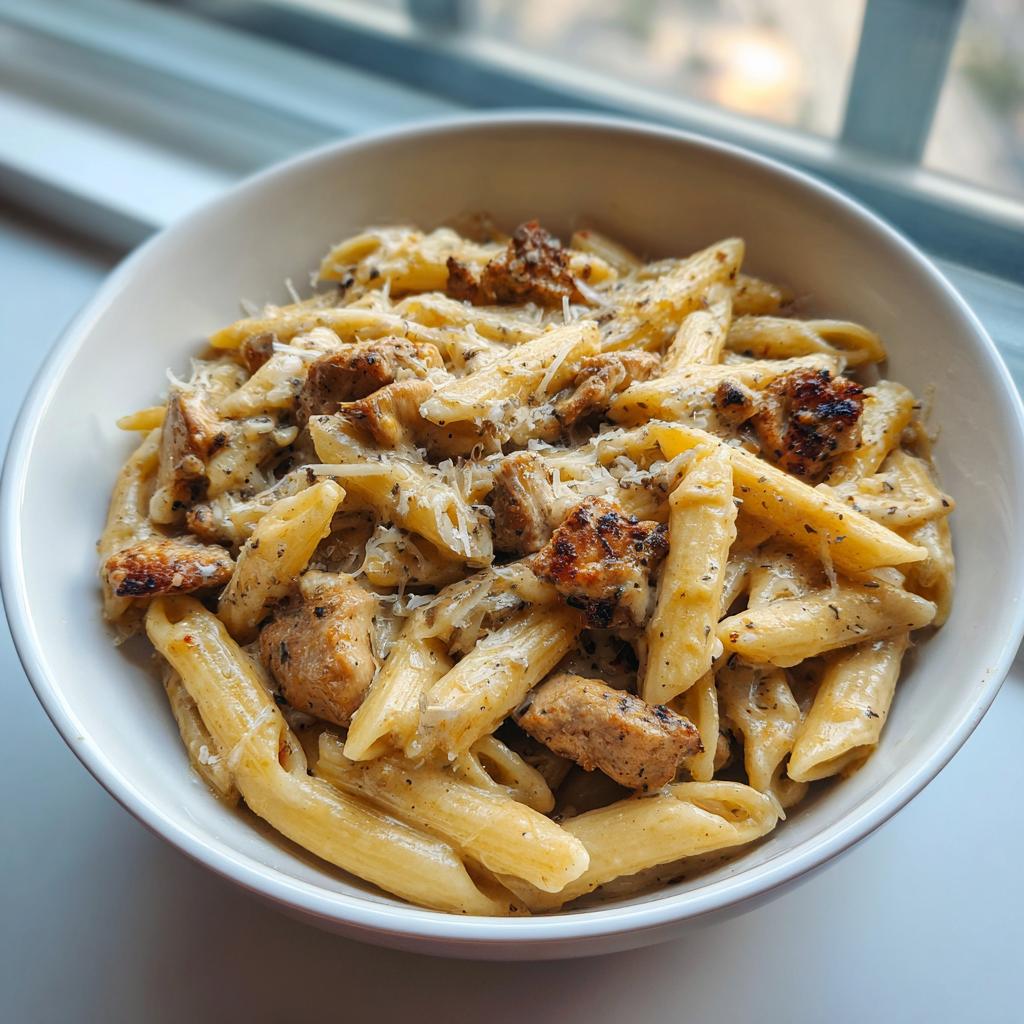 Bowl of creamy chicken pasta recipe with grilled chicken pieces and penne pasta.