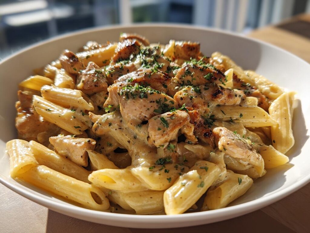A bowl of creamy chicken pasta recipe with grilled chicken pieces and parsley garnish.