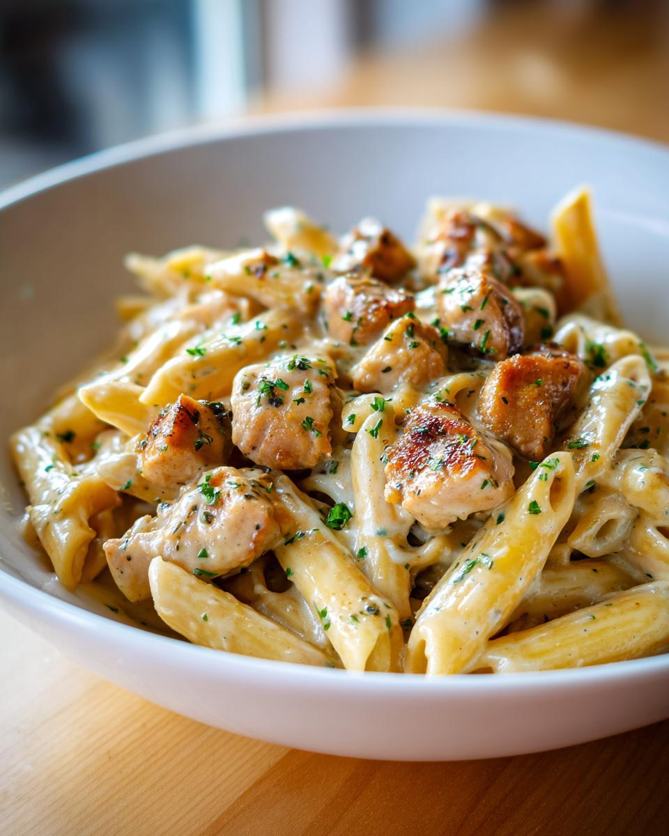 Close-up of creamy chicken pasta recipe with grilled chicken chunks and herbs in a white bowl