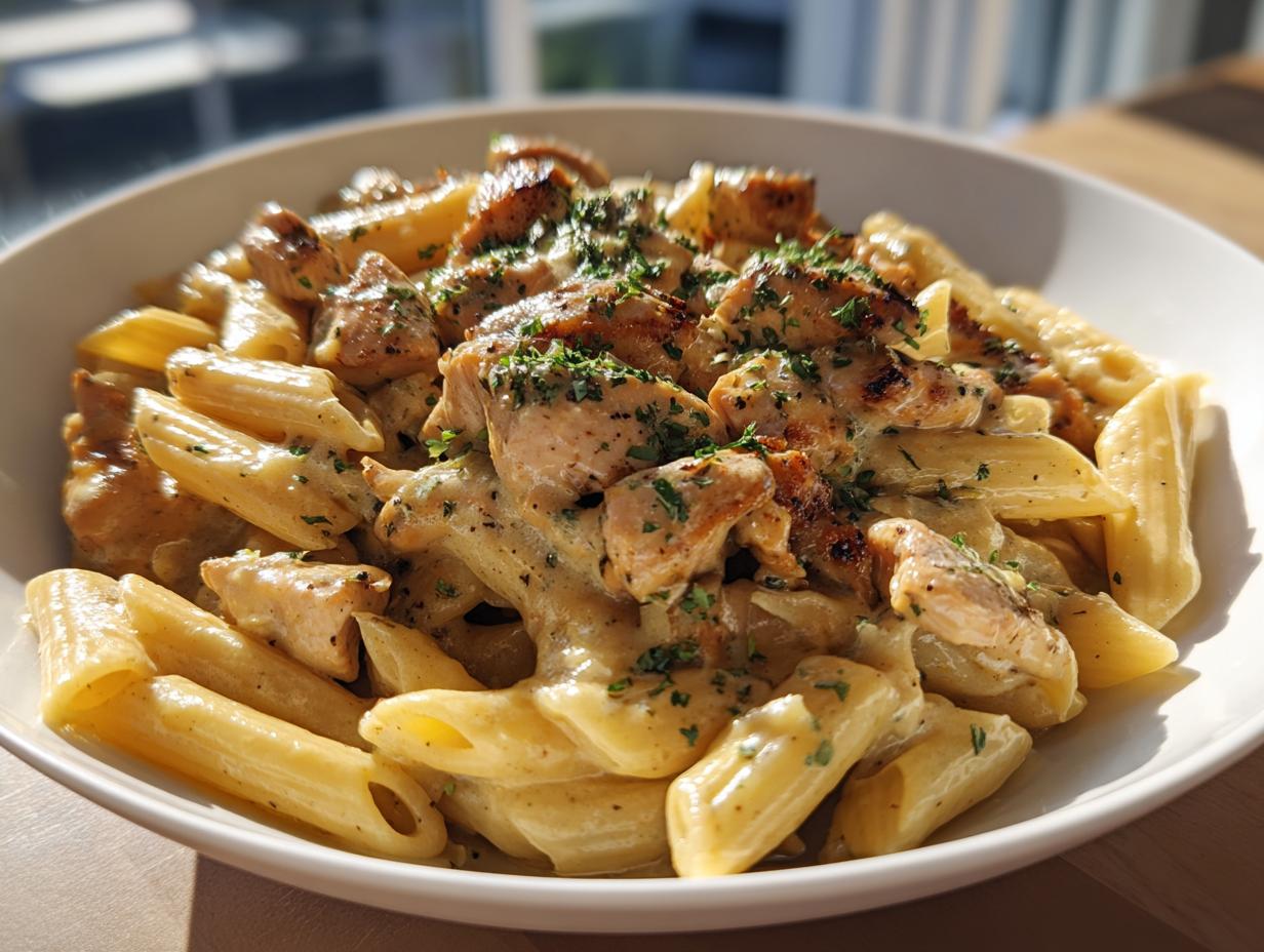 A bowl of creamy chicken pasta recipe with grilled chicken pieces and parsley garnish.