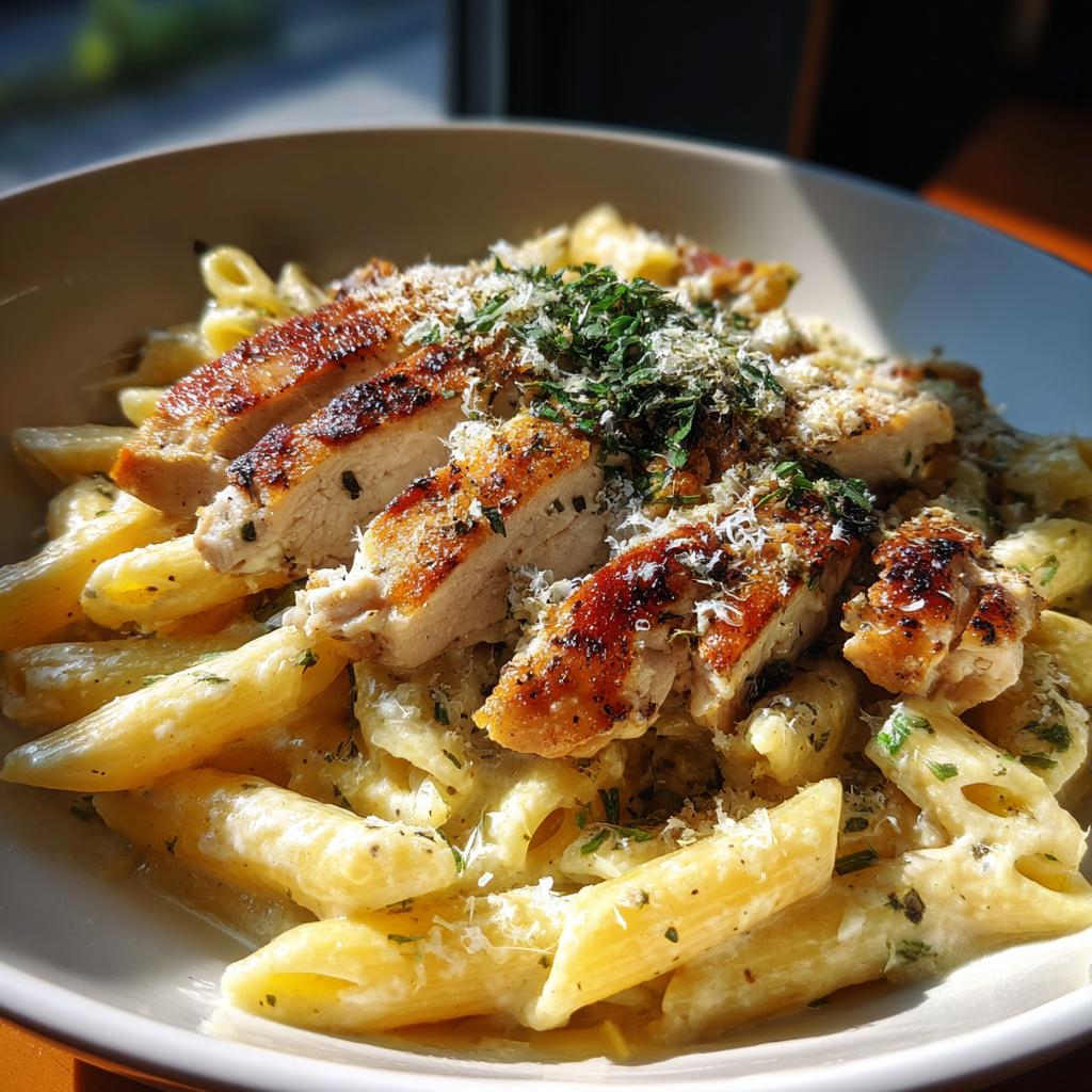 A close-up of creamy chicken pasta, featuring penne pasta coated in a rich sauce, topped with sliced grilled chicken and fresh herbs.