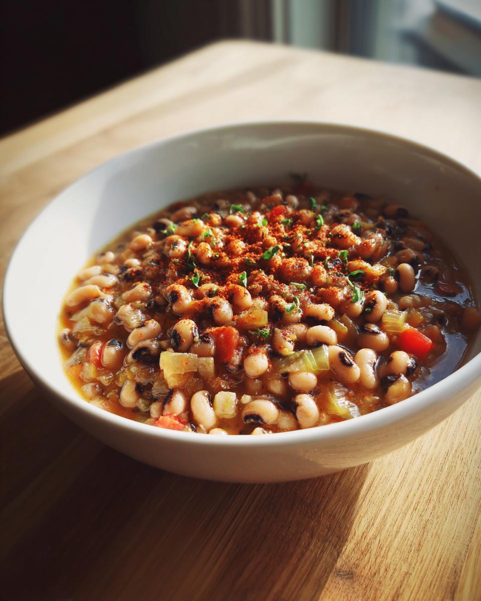 A bowl of creamy black eyed peas recipe crock pot, seasoned with paprika and herbs.