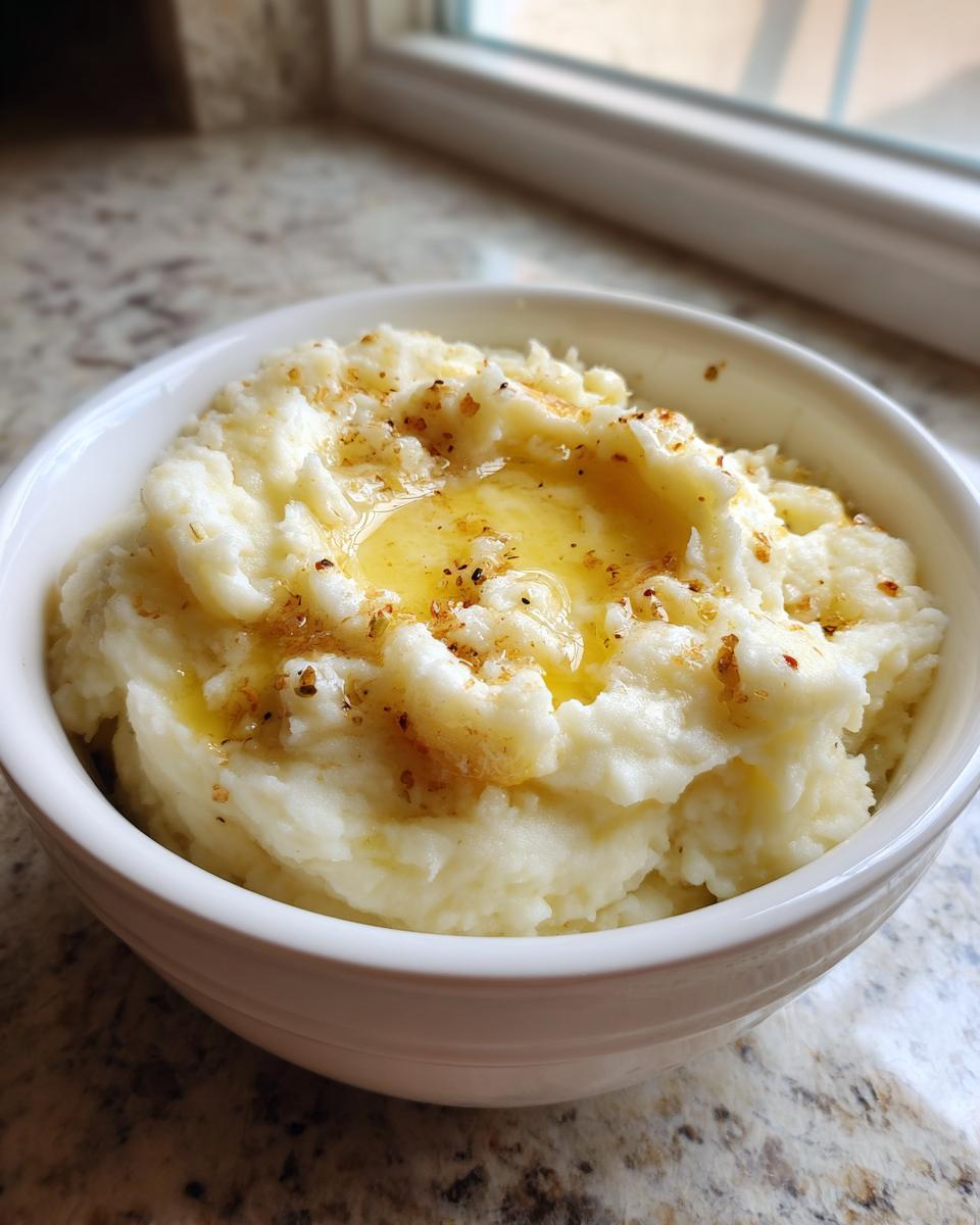 A bowl of creamy garlic mashed potatoes topped with melted butter and spices, a perfect side dish.