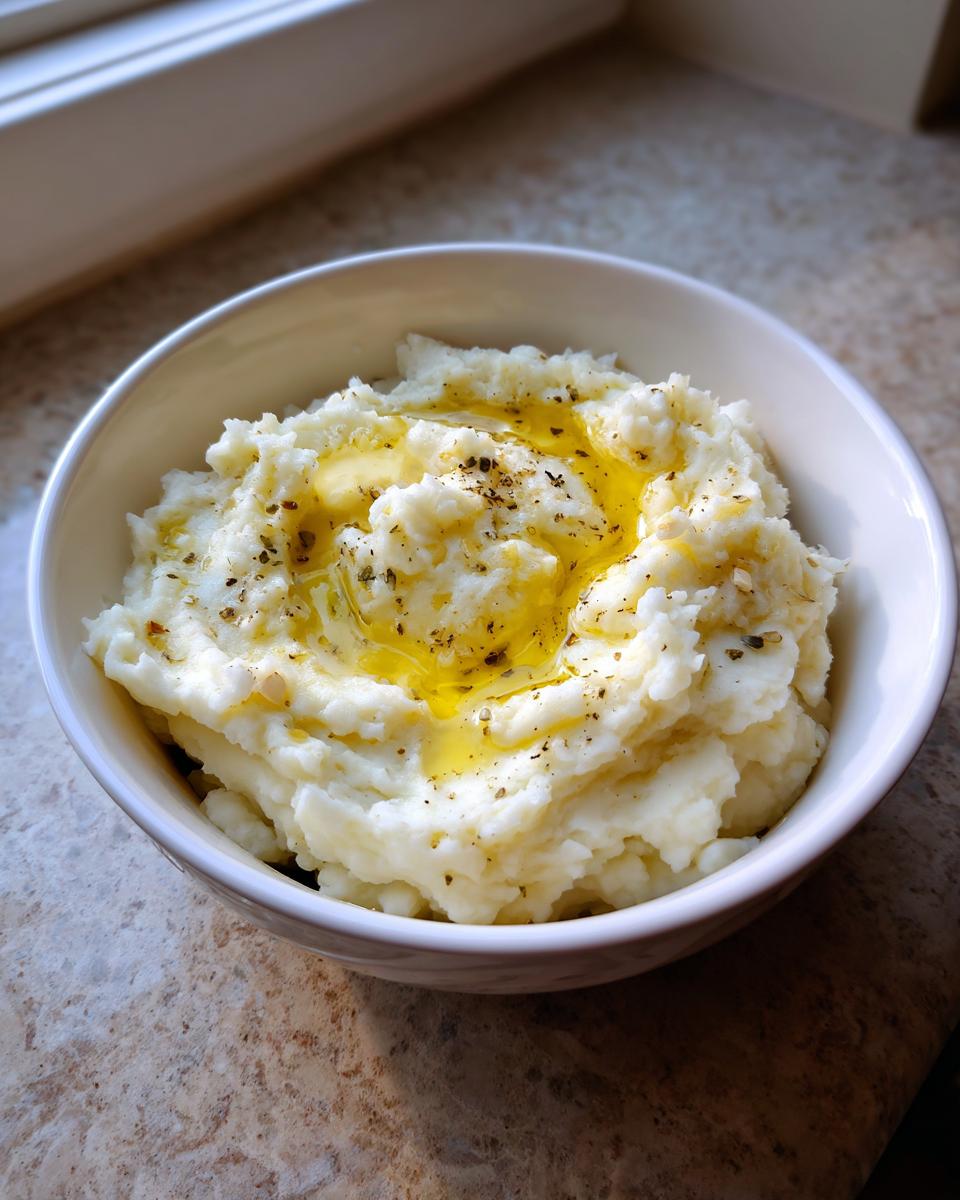 A bowl of creamy garlic mashed potatoes topped with melted butter and cracked black pepper, a perfect side dish.