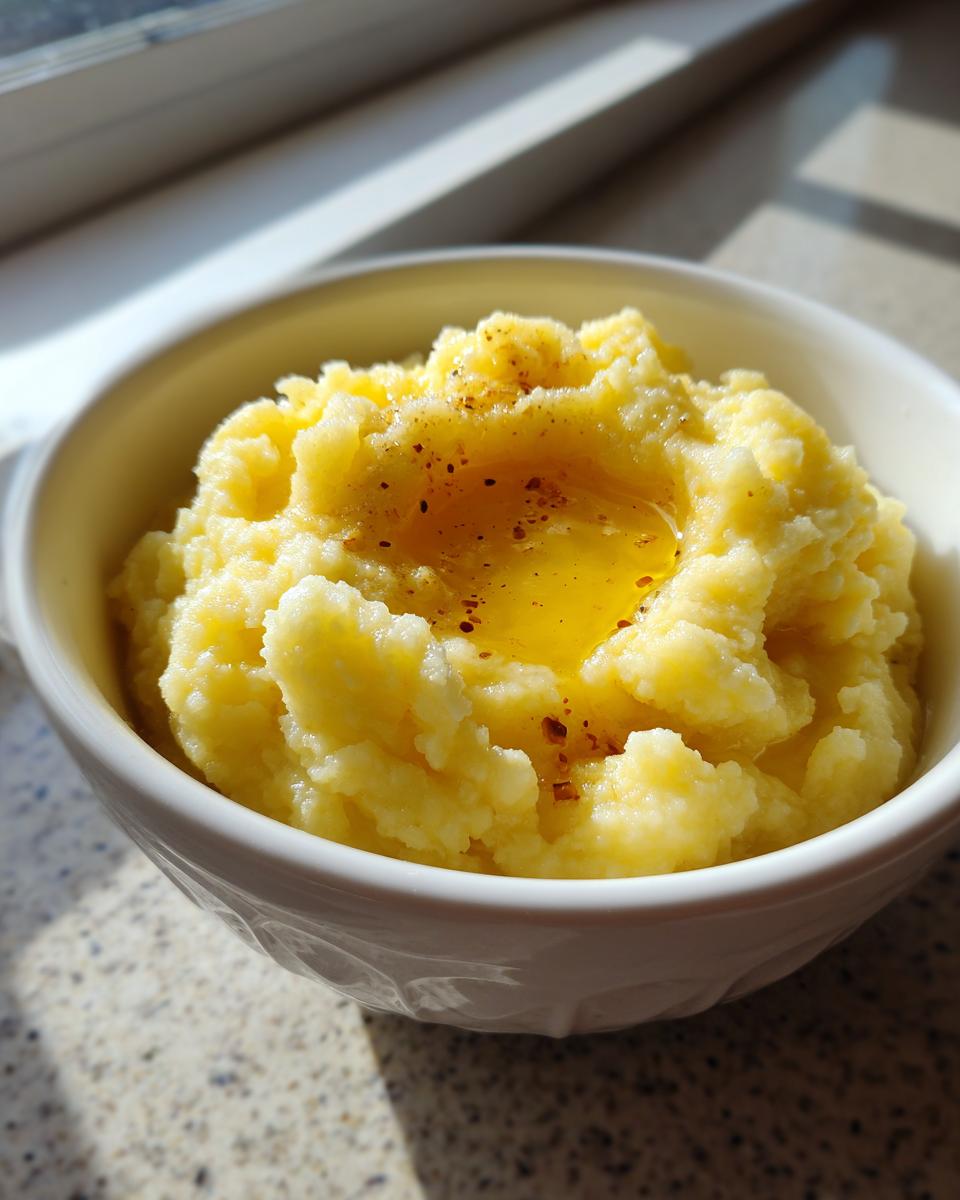 A close-up shot of creamy garlic mashed potatoes in a white bowl, topped with melted butter and a sprinkle of paprika. This is a perfect side dish.
