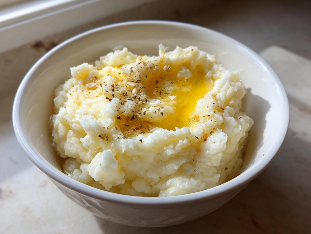 A bowl of creamy garlic mashed potatoes topped with melted butter and cracked black pepper, a delicious side dish.