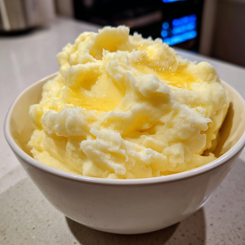 Close-up of a bowl of creamy mashed potato recipes topped with melted butter.