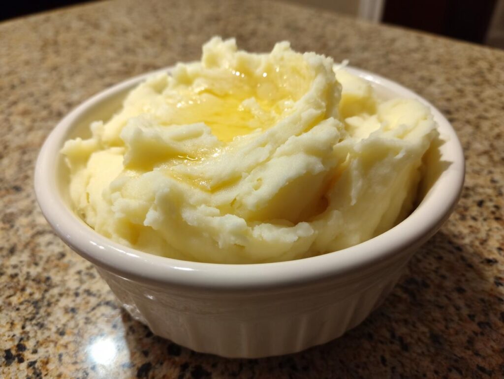 Close-up of a white bowl filled with fluffy mashed potatoes, topped with melted butter. A perfect example of potato recipes.