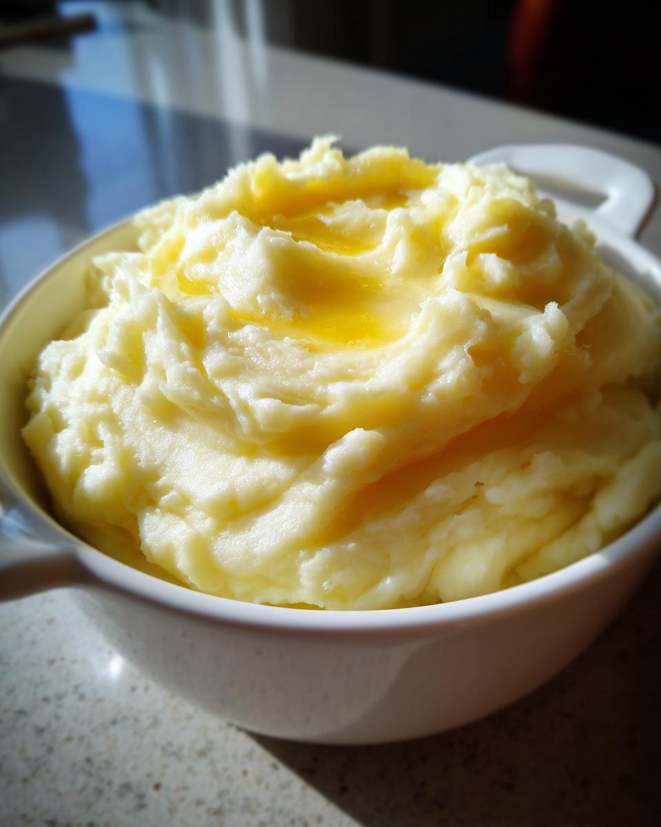 A close-up of a white bowl filled with fluffy mashed potatoes topped with melted butter.