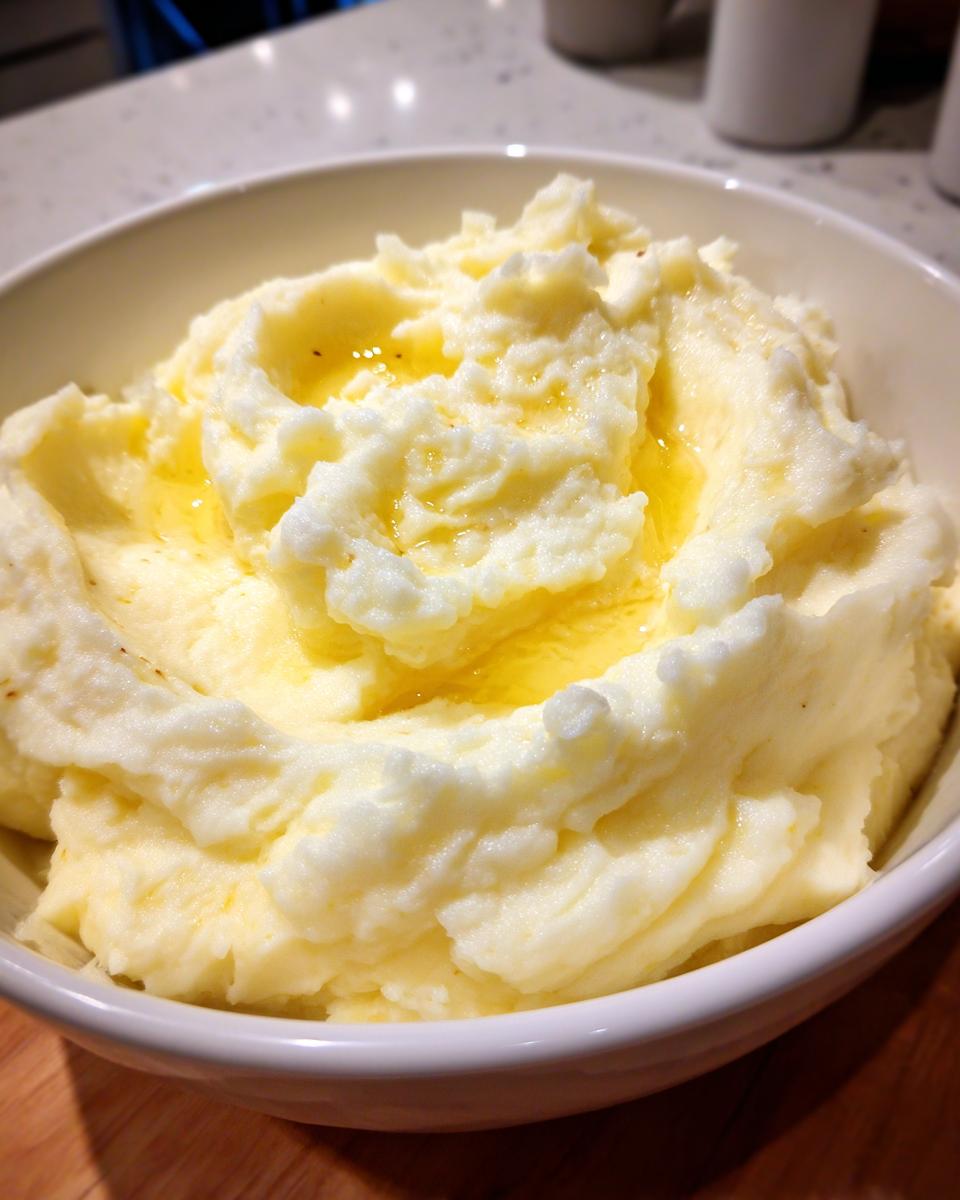 Close-up of a bowl of creamy mashed potato recipes, topped with melted butter.