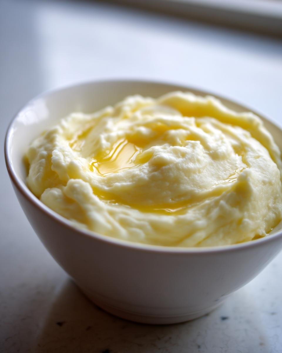 Close-up of a white bowl filled with creamy mashed potatoes, topped with melted butter.