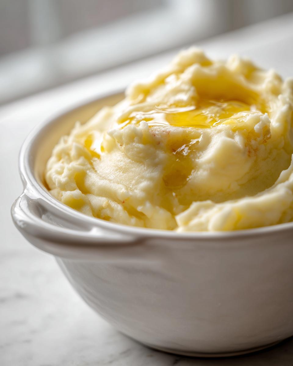 Close-up of creamy mashed potato recipes in a white bowl, topped with melted butter.