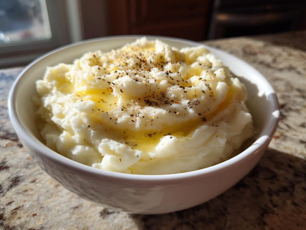 Bowl of creamy mashed potatoes with butter and black pepper on top.