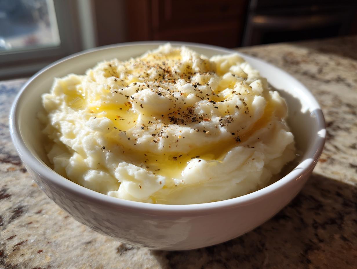 Bowl of creamy mashed potatoes with butter and black pepper on top.