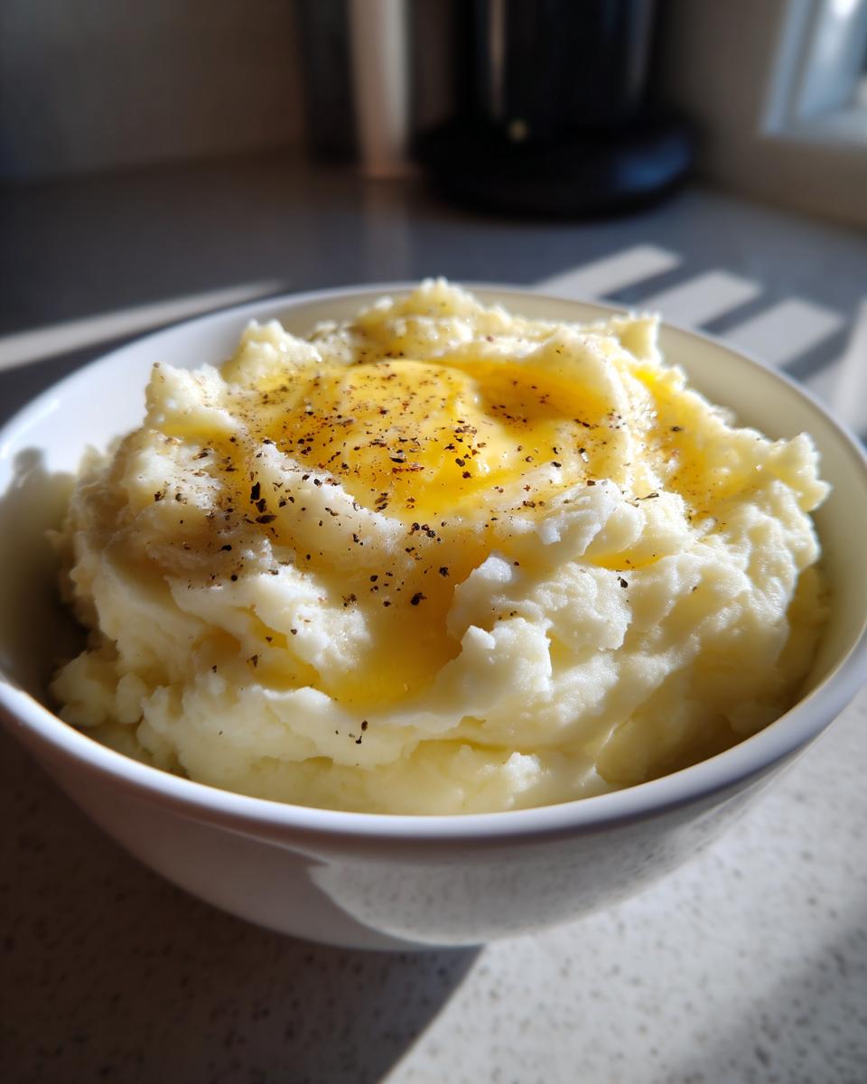 Bowl of creamy mashed potatoes topped with melted butter and sprinkled black pepper