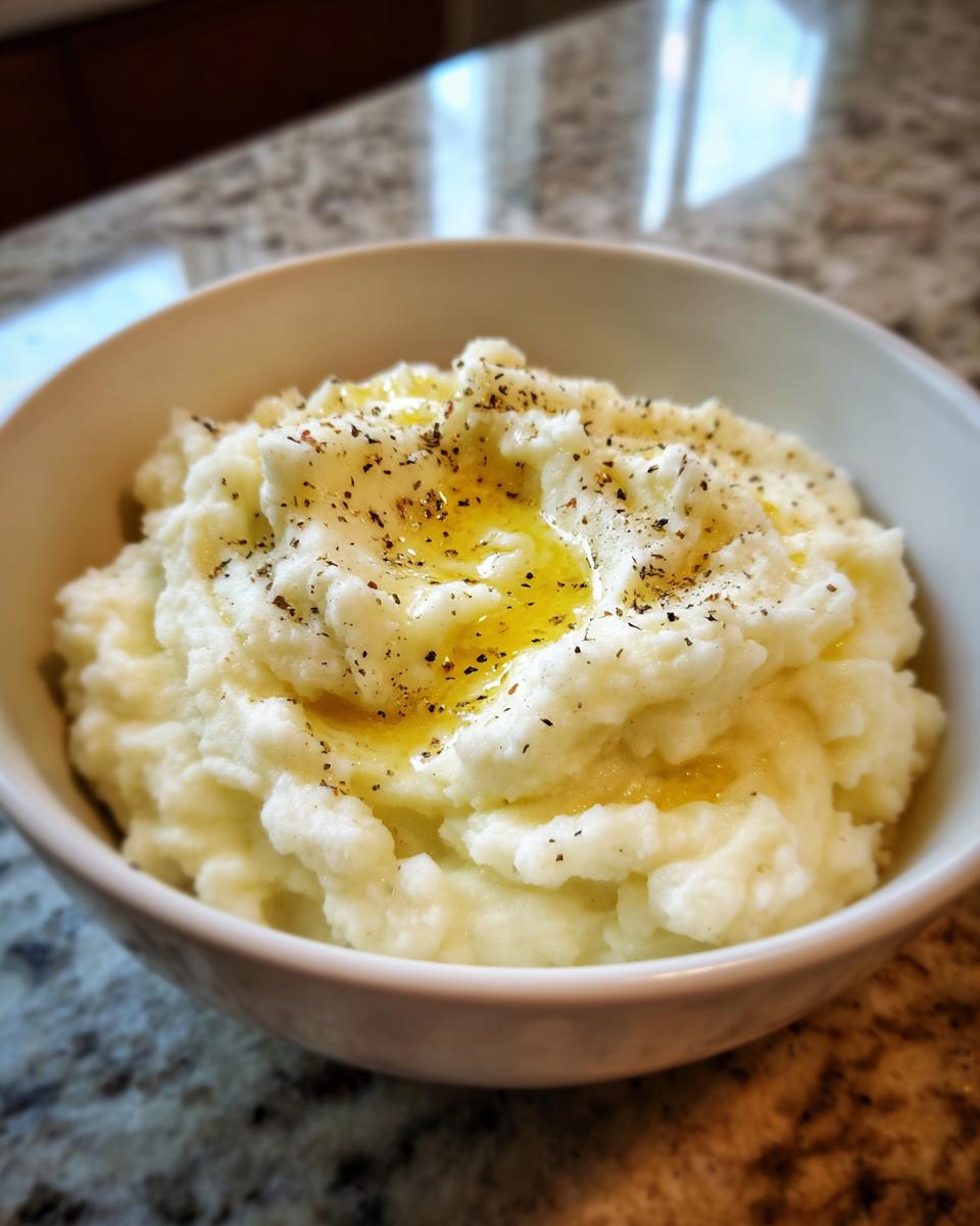 A bowl of creamy mashed potatoes topped with melted butter and black pepper seasoning.