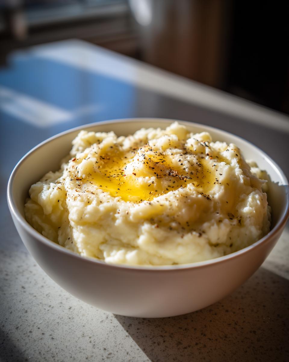 Bowl of creamy mashed potatoes topped with melted butter and cracked black pepper