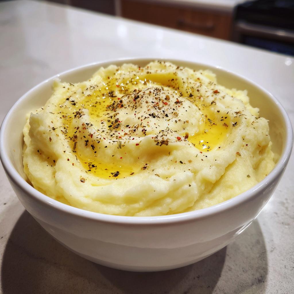 Bowl of creamy mashed potatoes topped with melted butter and sprinkled with black pepper
