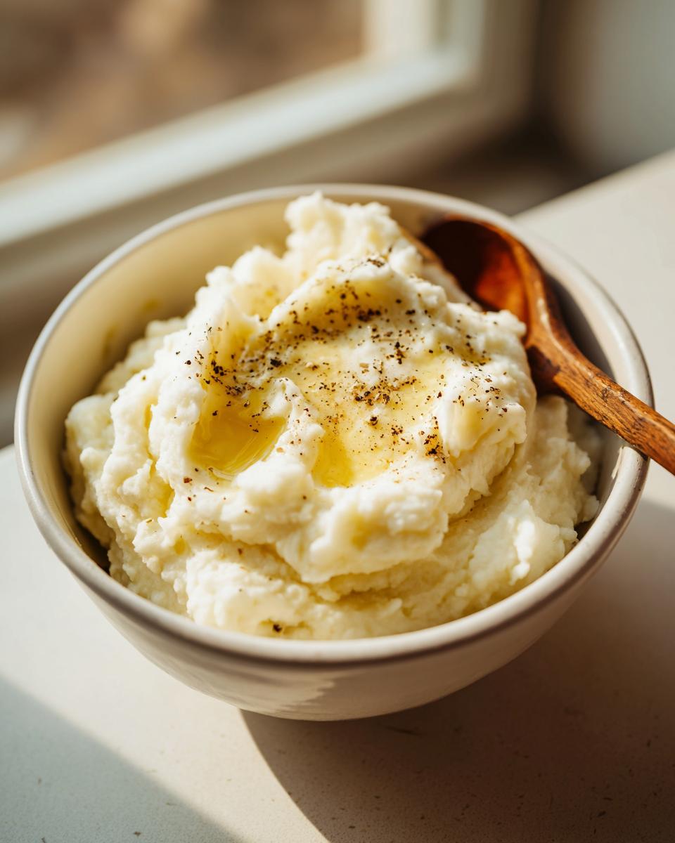A bowl of creamy mashed potatoes topped with melted butter and black pepper, a perfect Thanksgiving side.