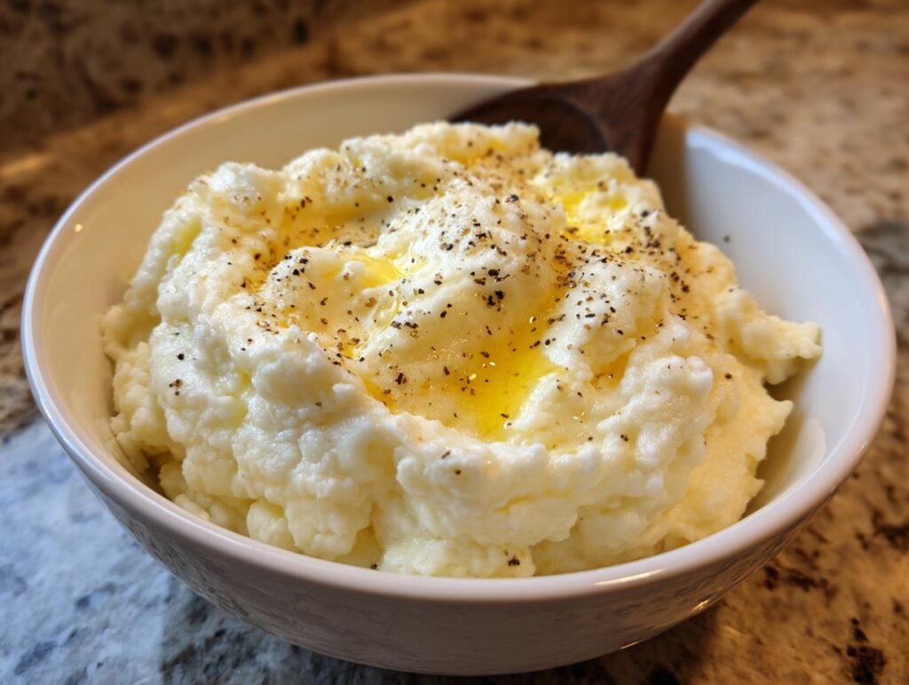 A bowl of creamy mashed potatoes topped with melted butter and black pepper, a perfect Thanksgiving side dish.