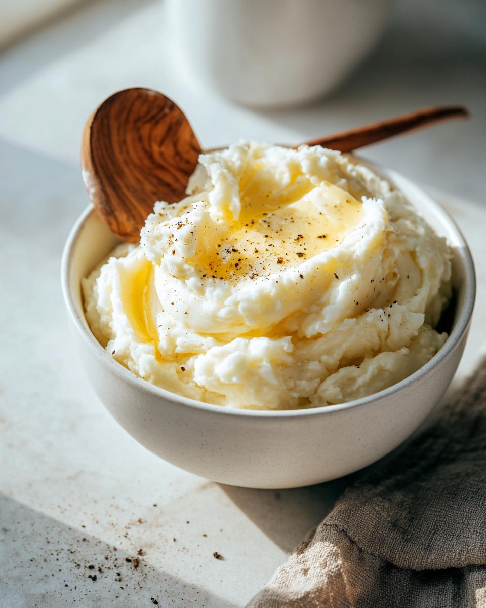 A bowl of creamy mashed potatoes topped with melted butter and black pepper, a wooden spoon rests on the side. A key Thanksgiving side dish.