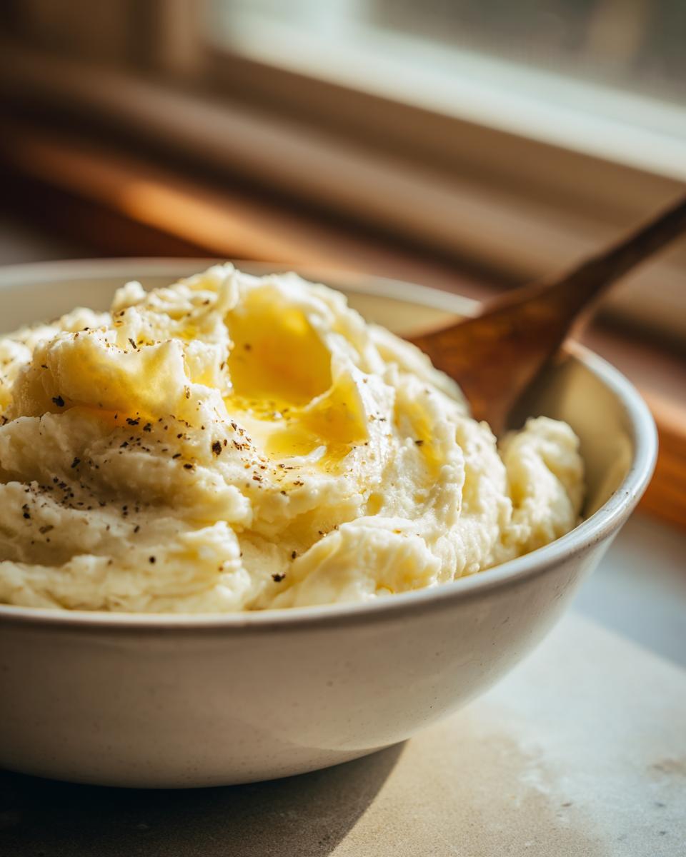 Close-up of a bowl of creamy mashed potatoes, topped with melted butter and black pepper, a classic thanksgiving side.