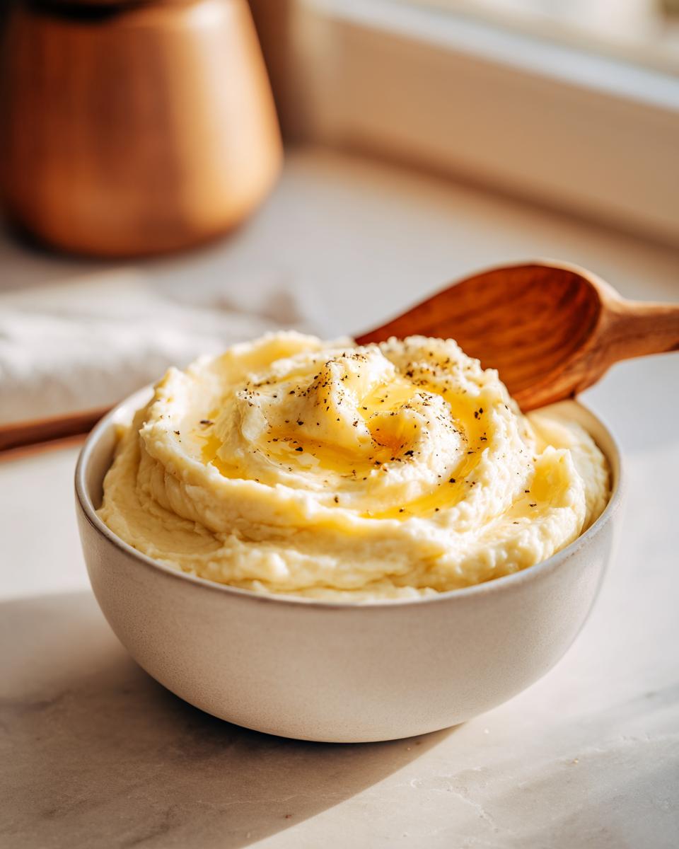 A bowl of fluffy mashed potatoes, topped with melted butter and cracked black pepper, a wooden spoon rests on the side. Ideal for Thanksgiving sides.