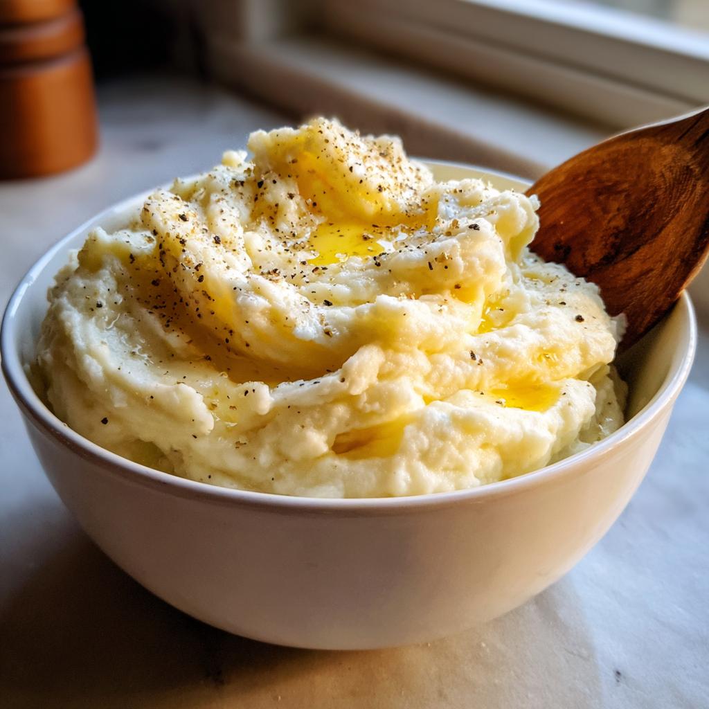 A bowl of creamy mashed potatoes, a perfect Thanksgiving side, topped with melted butter and black pepper, with a wooden spoon.