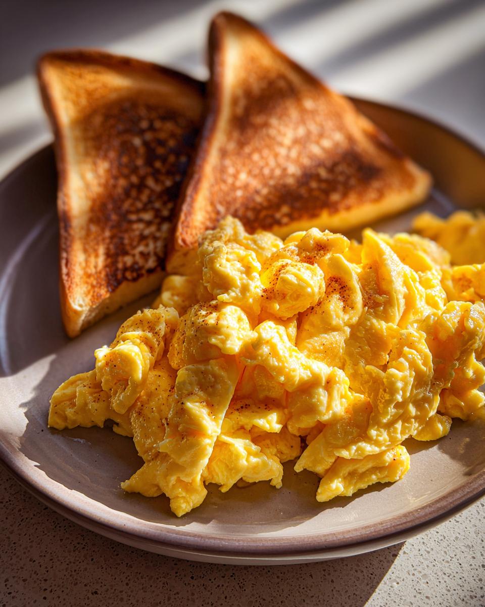 Plate of creamy scrambled eggs seasoned with pepper and two pieces of toasted bread