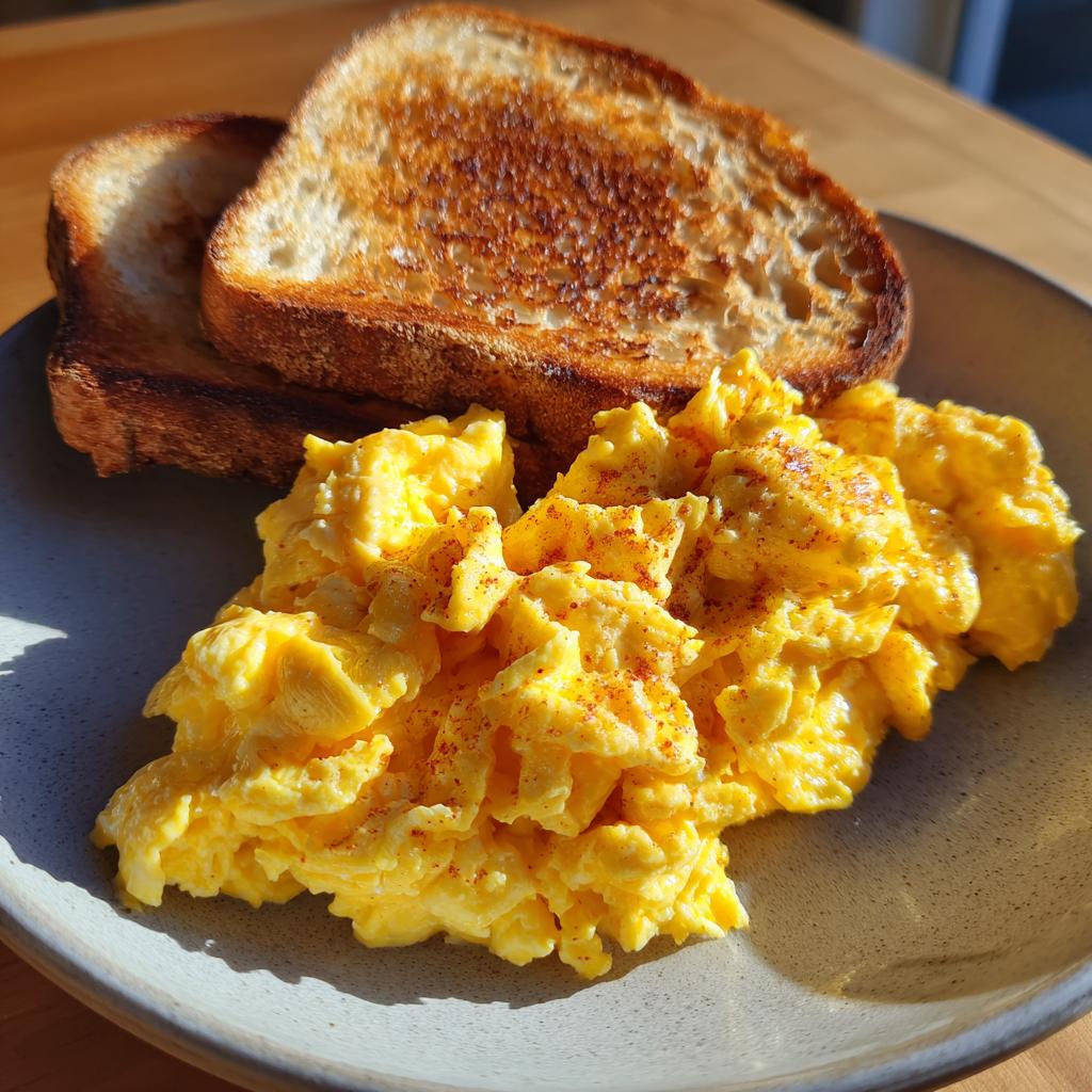 Plate with creamy scrambled eggs sprinkled with seasoning alongside two slices of toasted bread.
