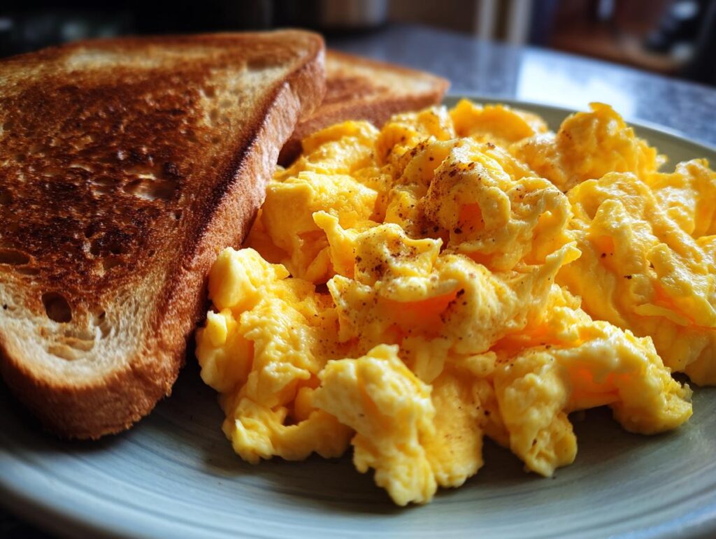 Plate with creamy scrambled eggs seasoned with pepper and two slices of toasted bread