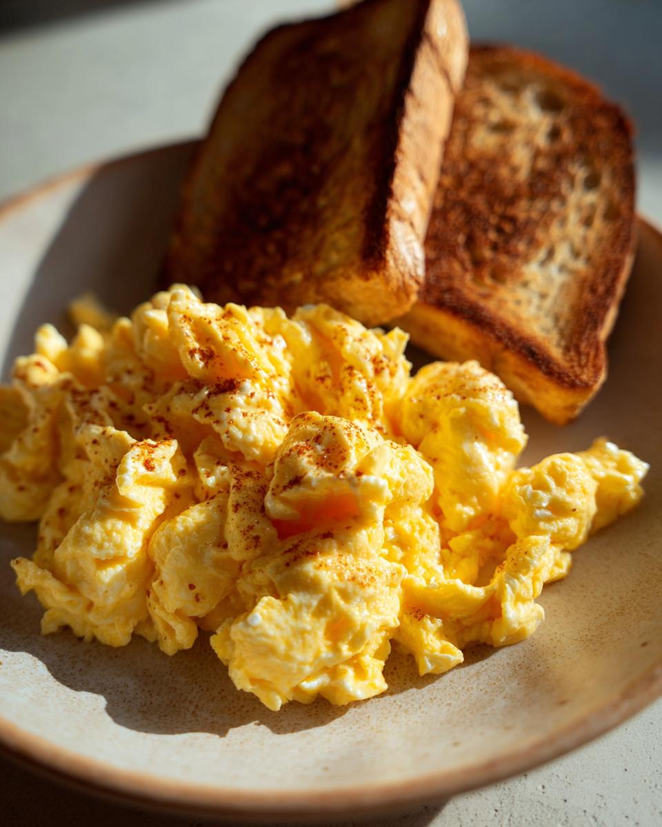 Plate of creamy scrambled eggs with a sprinkle of seasoning and two slices of toasted bread.