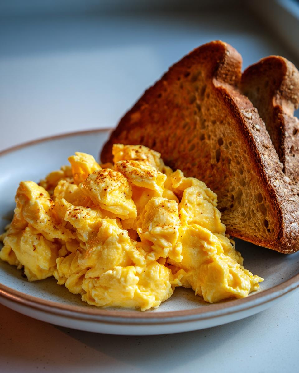 Plate of creamy scrambled eggs with two slices of toasted bread for breakfast ideas