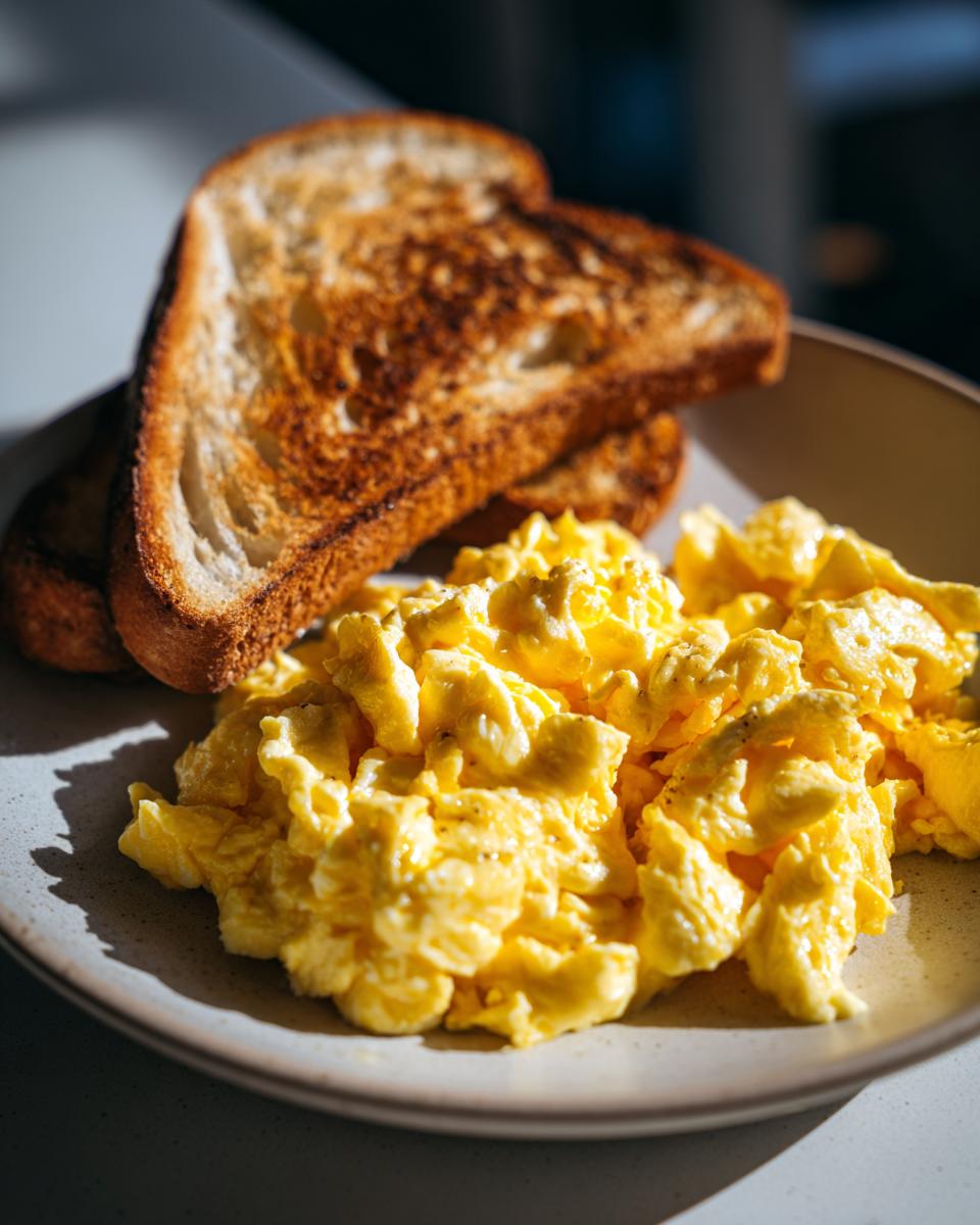 Plate of creamy scrambled eggs served alongside toasted bread for breakfast ideas.